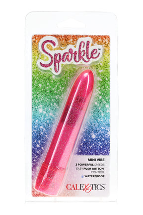 Pink glitter Sparkle mini vibe, waterproof 3-speed bullet vibrator in retail packaging with push-button control