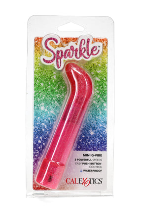 Pink glitter Sparkle Mini G-Vibe in retail packaging with curved angled tip; 3 speeds, push-button control, waterproof design.