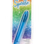 Blue glitter Sparkle slim vibrator in retail blister pack with 3 speeds, waterproof icon, and push-button control on rainbow backing card.