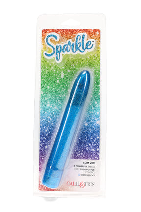 Blue glitter Sparkle slim vibrator in retail blister pack with 3 speeds, waterproof icon, and push-button control on rainbow backing card.