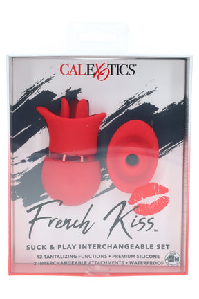 Red French Kiss clitoral vibrator set with two silicone heads—tulip teaser and cupping ring; USB rechargeable and waterproof.