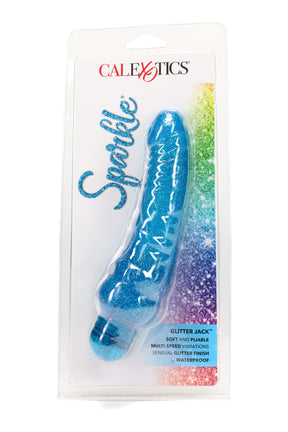 Blue Sparkle “Glitter Jack” waterproof multi-speed vibrator with soft, spiral shaft and defined head in retail blister pack.