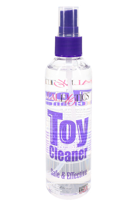 CalExotics Toy Cleaner spray bottle front with purple cap, 4 fl oz label reading “Toy Cleaner” and “Safe & Effective”