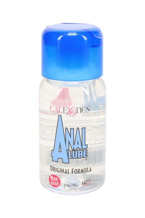 Anal Lube Original Formula water-based personal lubricant in a 6-oz clear squeeze bottle with blue cap, retail product photo.