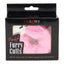 Retail box of Playful Furry Cuffs in pink, metal handcuffs covered in soft faux fur with keys; giftable black packaging.