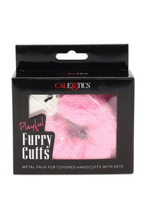 Retail box of Playful Furry Cuffs in pink, metal handcuffs covered in soft faux fur with keys; giftable black packaging.