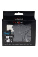 Boxed Playful Furry Cuffs in black, metal handcuffs with plush faux fur and included keys shown through window display packaging.