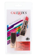 Discreet lipstick vibrator in metallic case with red angled tip in retail packaging; 10 functions, USB rechargeable, waterproof design for travel.