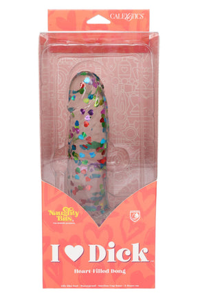 Naughty Bits “I ♥ Dick” heart-filled novelty dildo in retail box, clear front with colorful heart confetti look