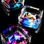 Square glass ashtray trio with neon wolf, fox, and cat illustrations glowing on reflective black surface.