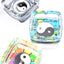Square glass ashtray trio with yin yang art in clear, rainbow, and mosaic looks, top-down studio shot.