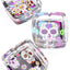 Square glass ashtray trio showing colorful sugar skull motifs on black base, bright pop-art presentation.