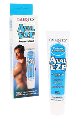 Anal Eze desensitizing gel, 1.5-oz squeeze tube with retail box, unscented lidocaine formula and blue label shown in a close-up product photo.