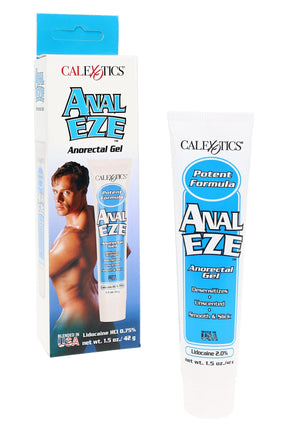 Anal Eze desensitizing gel, 1.5-oz squeeze tube with retail box, unscented lidocaine formula and blue label shown in a close-up product photo.