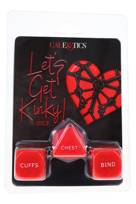 Let’s Get Kinky dice game blister pack with red acrylic dice on black card, compact adult party game
