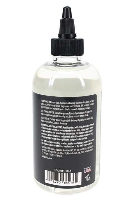 Back of Fuck Sauce 8 oz lubricant bottle showing directions, ingredients panel, and UPC barcode