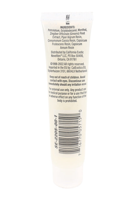 Back of Tighten Up Shrink Crème tube showing ingredients list, warnings, and barcode on cream-colored tube