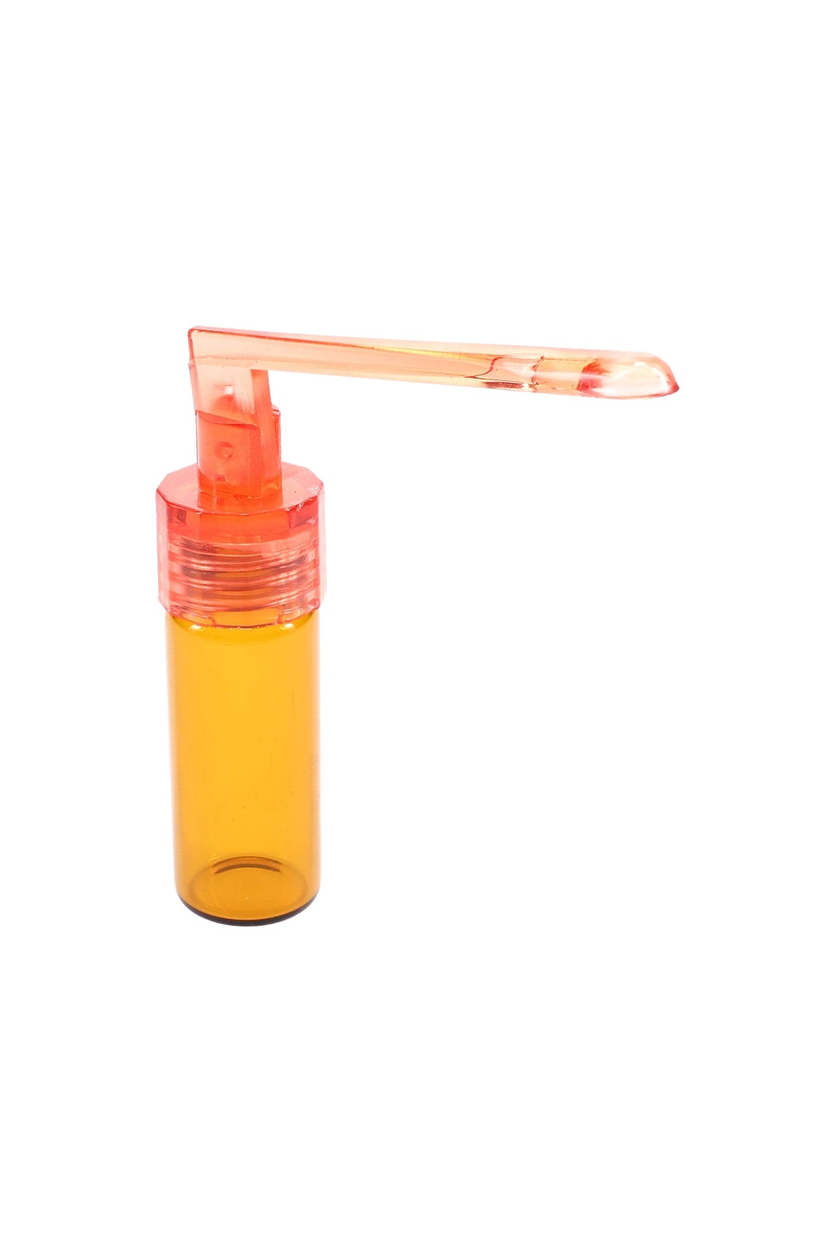 51 mm amber glass snuff vial with translucent orange micro-spoon cap, spoon arm extended horizontally for easy portioning on white background.