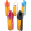 Snuff vial set of five amber 51 mm glass containers with red, blue, pink, clear, and black micro-spoon caps displayed upright on white background.