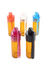 Snuff vial set of five amber 51 mm glass containers with red, blue, pink, clear, and black micro-spoon caps displayed upright on white background.