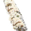 Close-up of 4″ white sage bundle wrapped with soft cream-colored blossoms and cotton string for home fragrance use.