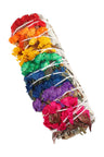 White sage smudge bundle with rainbow-toned dried flowers secured by string; 4″ length for quick aromatic sessions.