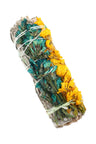 4″ sage bundle accented with teal and golden-yellow blossoms, tied with string; assorted floral wrap style.