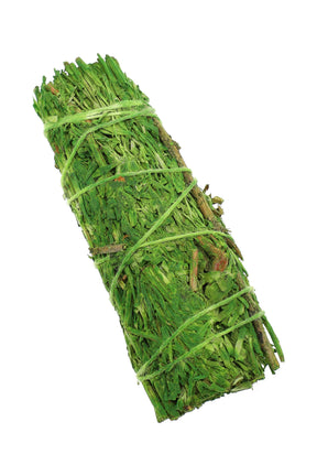 4″ green-colored blue sage smudge bundle tightly wrapped with matching green twine; compact aromatic stick for home fragrance.