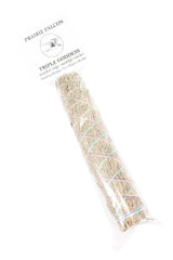 Prairie Falcon blue sage smudge stick labeled “Triple Goddess,” hand-tied, retail-ready fragrance bundle.