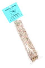 Prairie Falcon blue sage smudge stick labeled “Transitions,” pink-wrapped hand-tied bundle for smudging.
