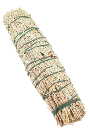 Hand-tied 8″ thick blue sage bundle with green cord, tightly packed cedar leaves and stems for longer, even home-fragrance burn.