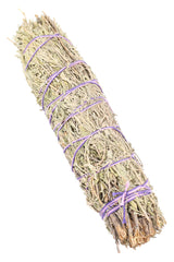 8″ thick blue sage smudge bundle wrapped in purple cord, dense herbal lavender roll designed for steady smoldering.