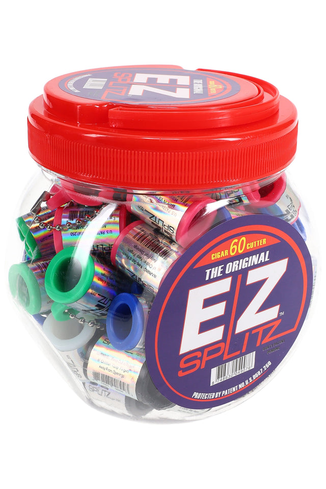 EZ Splitz Original Cigar Cutter 60-count retail jar filled with assorted color keychain cutters, red lid and branded label.