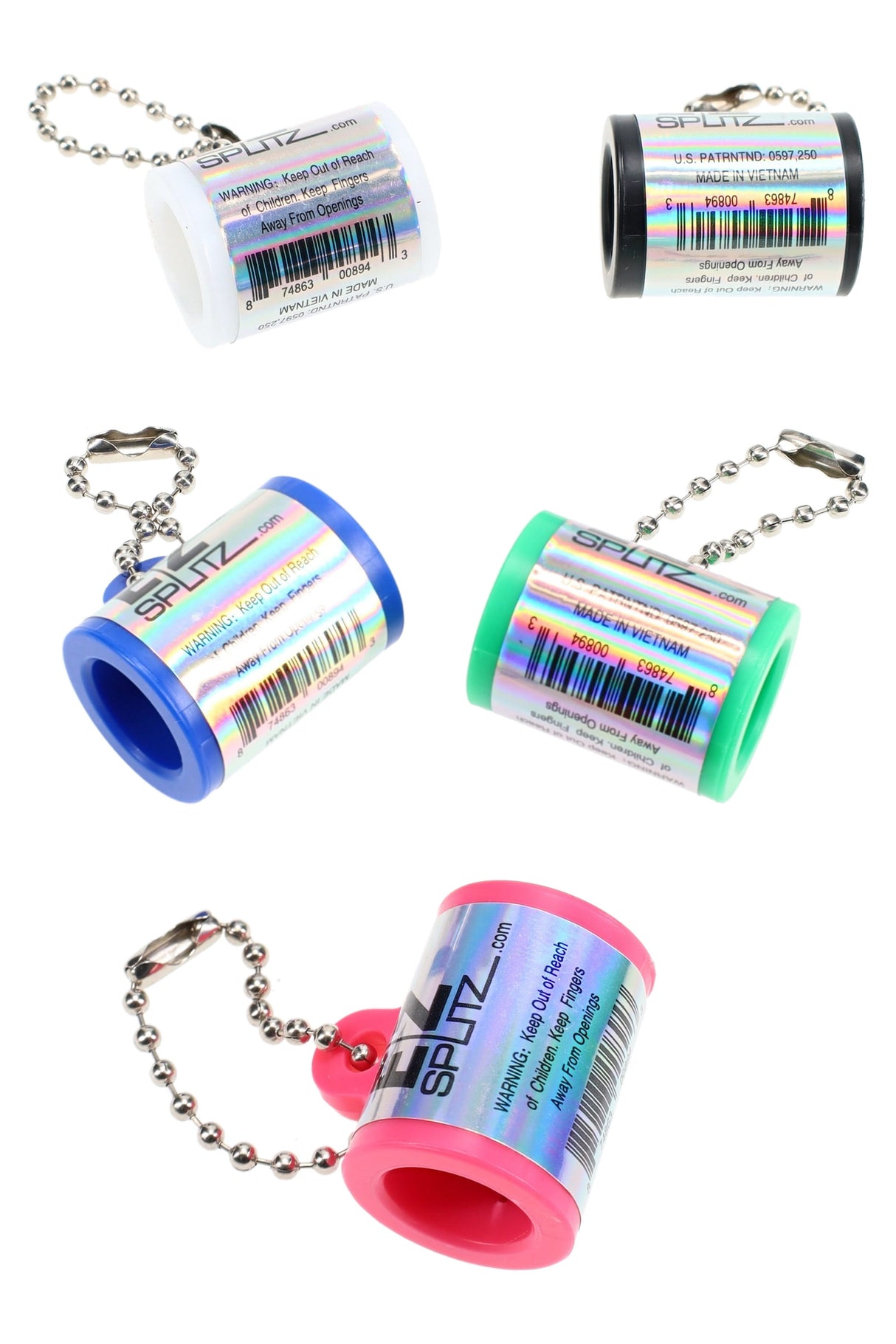 Five EZ Splitz Original cigar cutter keychains in assorted colors with holographic labels and ball chains, compact splitter for blunt prep.