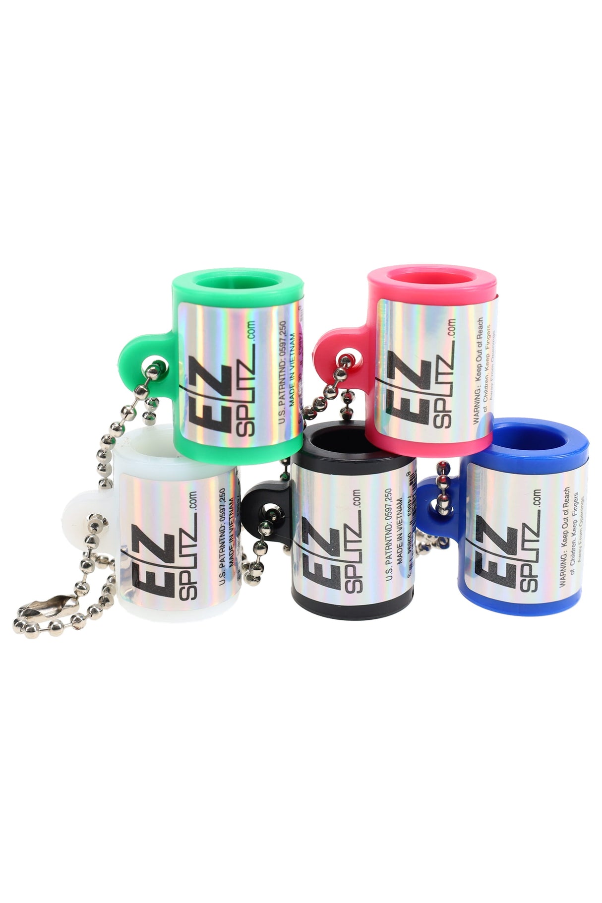 Group of EZ Splitz Original cigar cutters standing together in green, pink, white, black, and blue, each with attached ball-chain keychain.
