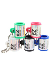 Group of EZ Splitz Original cigar cutters standing together in green, pink, white, black, and blue, each with attached ball-chain keychain.