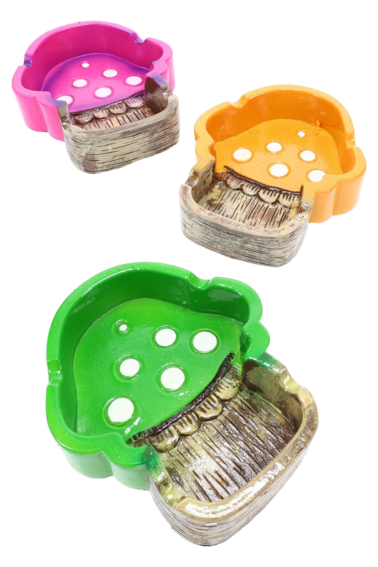 Colorful mushroom fairy resin ashtray with faux wood base in assorted pink, orange and green 4.5 by 3 inch trays