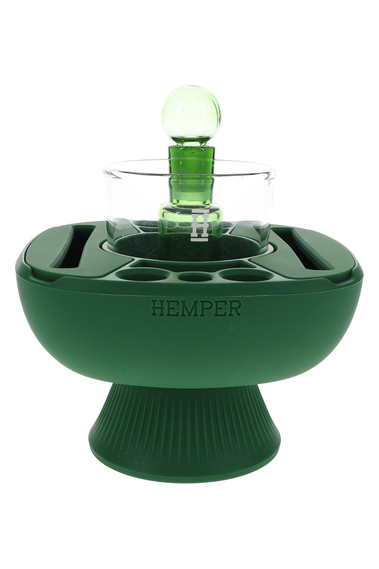 Forest green Hemper IsoPlex concentrate and cleaning station showing glass ISO cup, green carb cap and tool slots on silicone body.