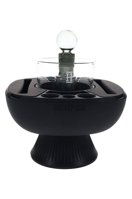 Black Hemper IsoPlex cleaning station with clear glass ISO cup and smoky carb cap set into heat-resistant silicone organizer.