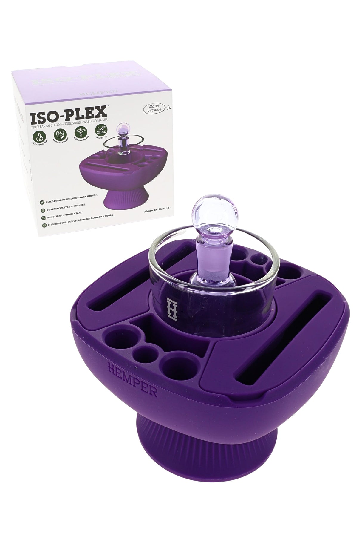 Purple Hemper IsoPlex dab cleaning station displayed beside branded ISO-PLEX retail box for countertop or shelf merchandising.