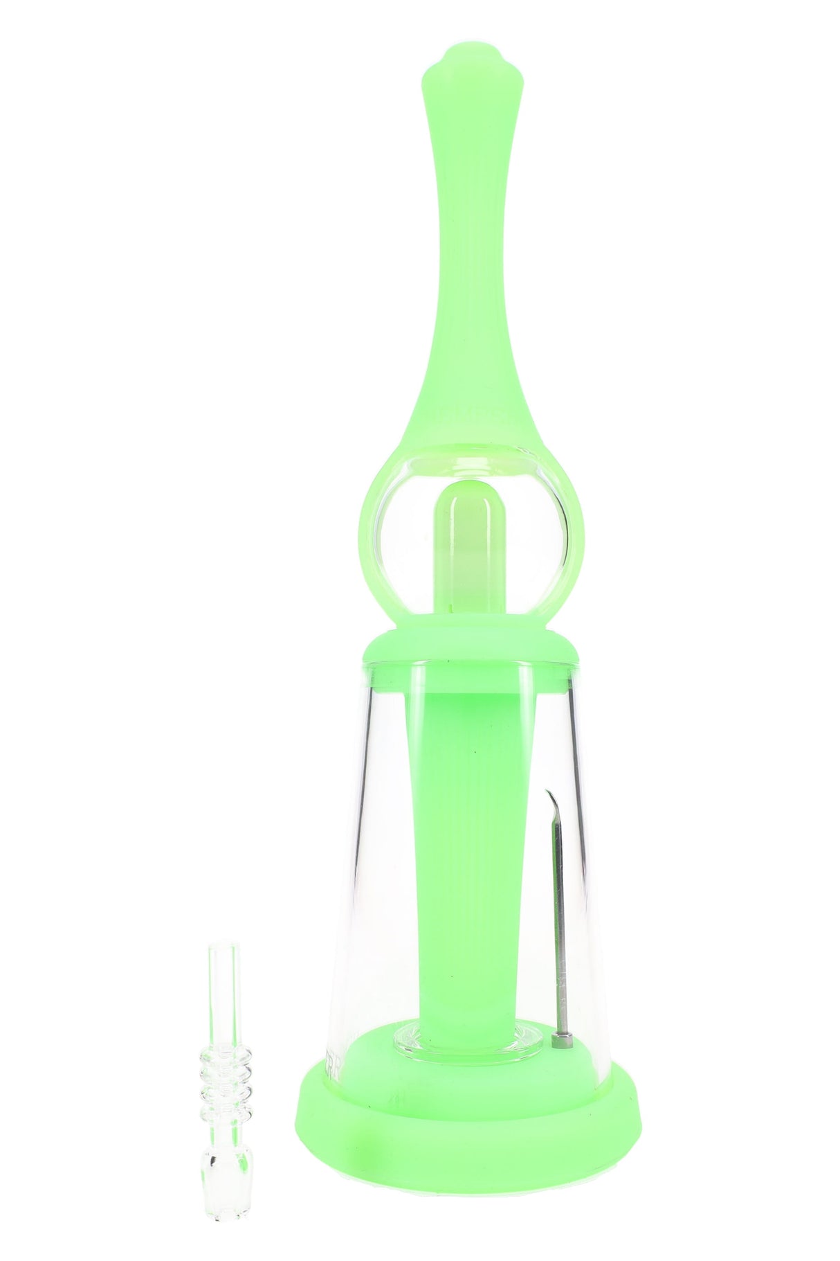 Neon green Vapor Station dab straw kit with clear dome bubbler and quartz tip, compact countertop setup