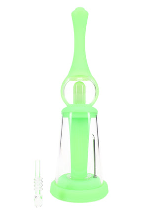 Neon green Vapor Station dab straw kit with clear dome bubbler and quartz tip, compact countertop setup
