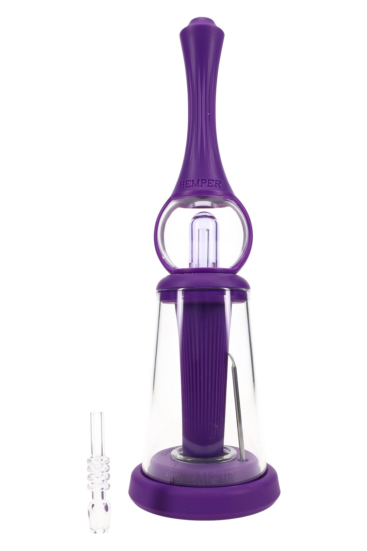 Purple Vapor Station dab straw standing in base with clear glass bubbler attachment and quartz vapor tip