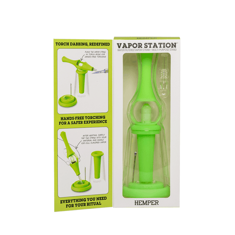 Retail box for Hemper Vapor Station kit showing product photos and use panels, sealed packaging view