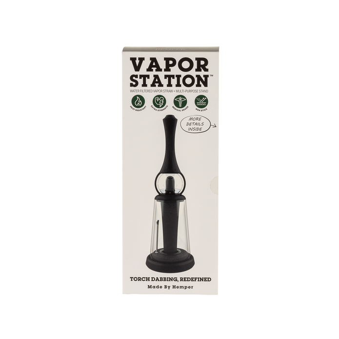Front of Hemper Vapor Station retail box displaying kit inside, clean boxed presentation for storage or gifting
