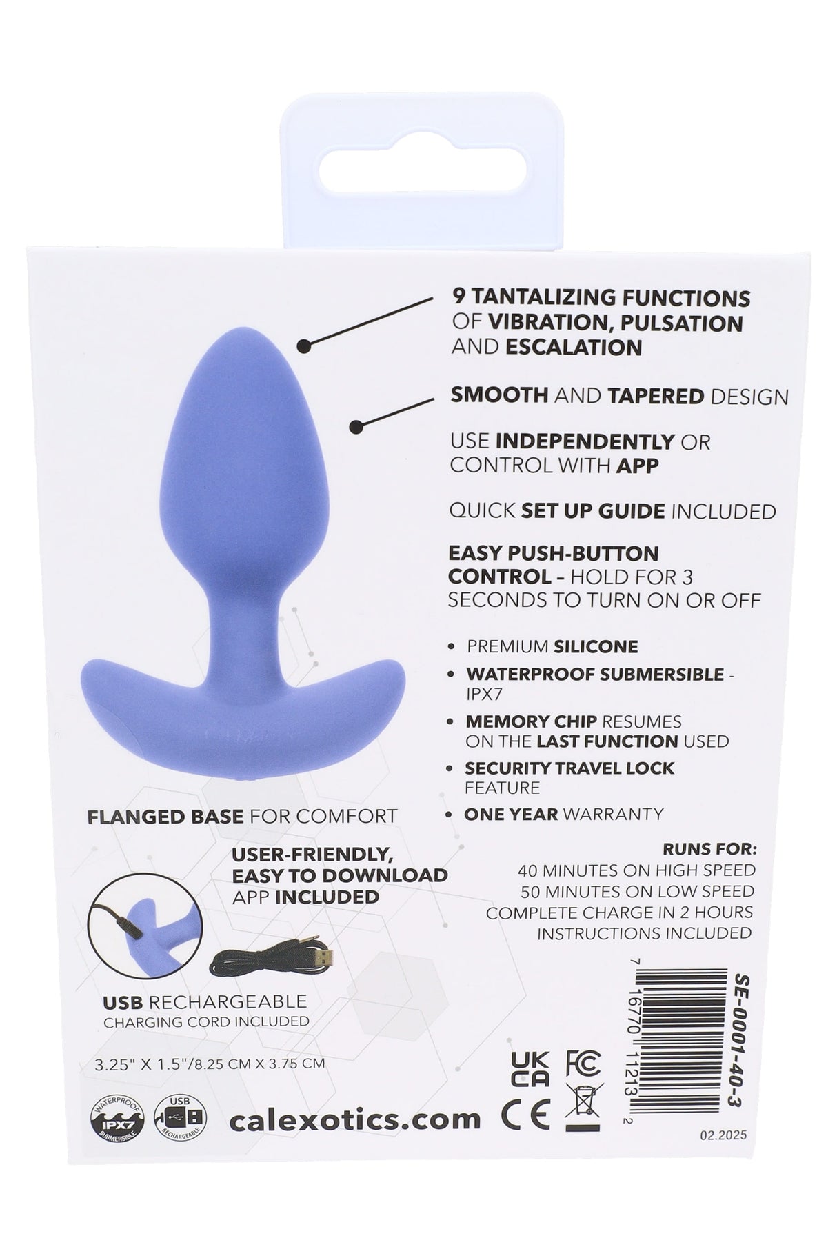 Back of Connect Tapered Probe box listing 9 modes, IPX7 waterproof rating, and USB rechargeable details