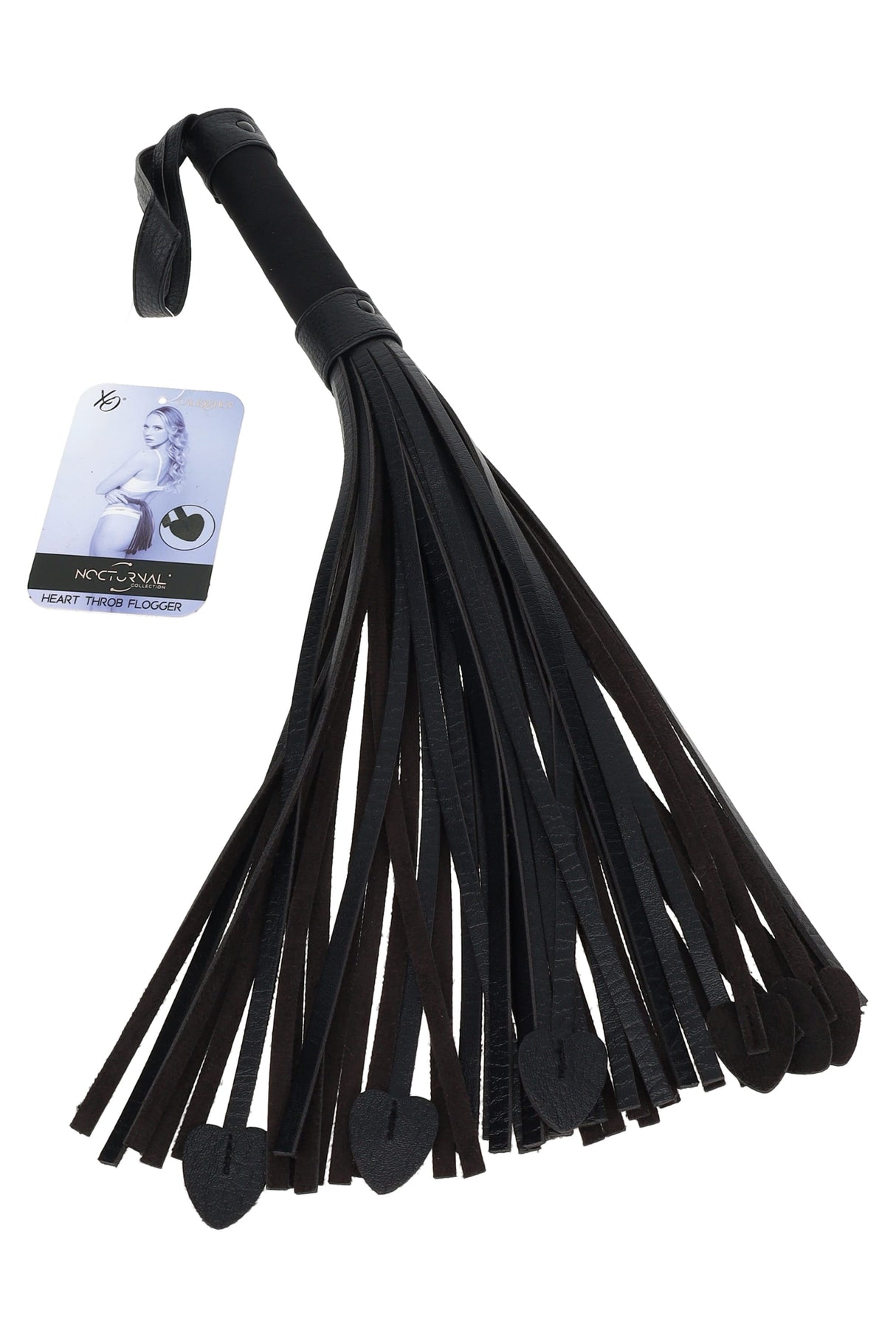 Black vegan leather flogger with wrist strap and heart-tip tails, shown with Nocturnal Collection Heart Throb product tag