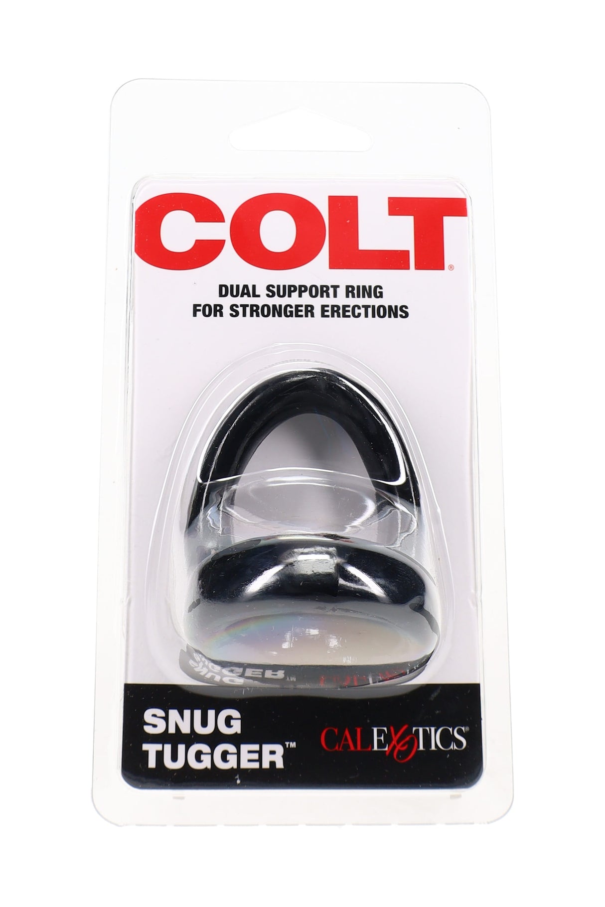 Colt Snug Tugger dual support ring in retail blister pack, black ring with “COLT” branding and CalExotics logo