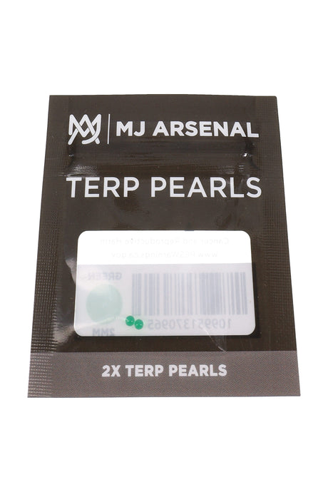 MJ Arsenal green 2 mm terp pearls in black retail pouch, shown in front packaging view