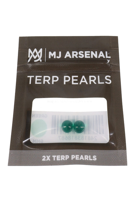 MJ Arsenal green 6 mm terp pearls in black retail pouch, shown in front packaging view